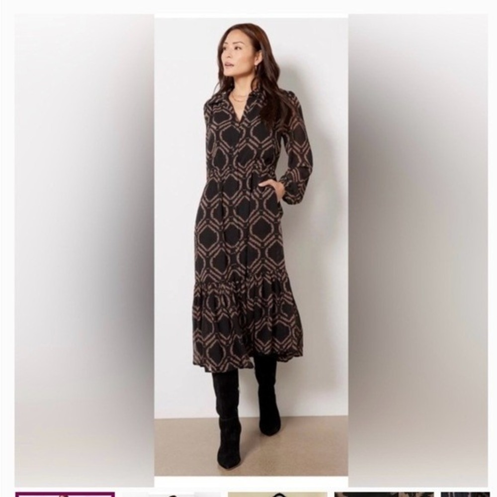 Evereve Midi Dress Womens Large Black Brown Geometric Ikat Ruffle Long Sleeve